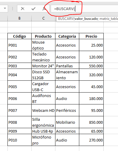 imagen de paso a paso para crear la formula buscarv en excel paso: 1