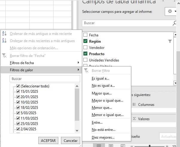 imagen de los filtros en las tablas dinamicas de excel