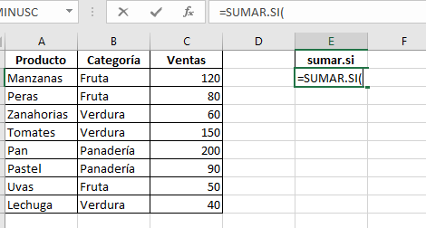 imagen representativa de un ejemplo practico para la formula sumar.si paso1