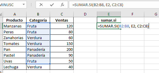 imagen de referencia de celdas para criterios de la formula sumar.si en excel