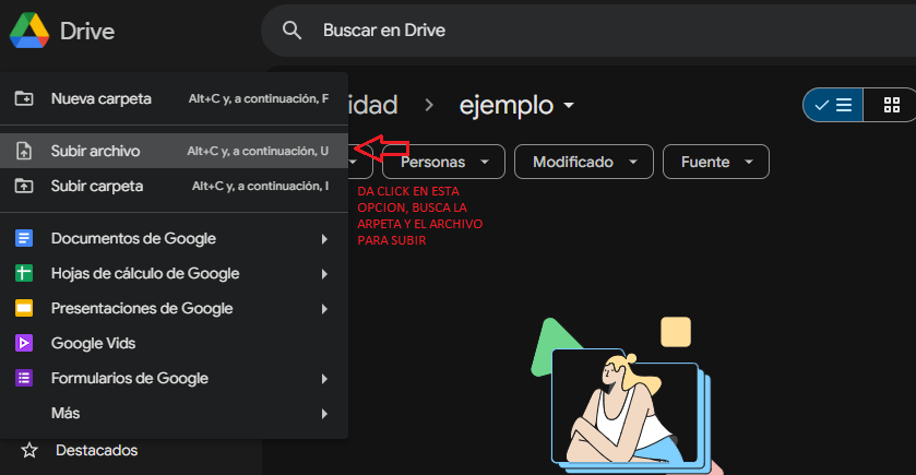 Nuevo' y menú para subir archivos a Google Drive.
